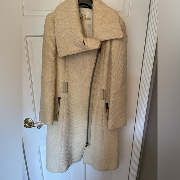 Mackage White Coat Tiled Weave Leather Belt Cream Color Size Large Funnel Collar - Picture 5 of 10